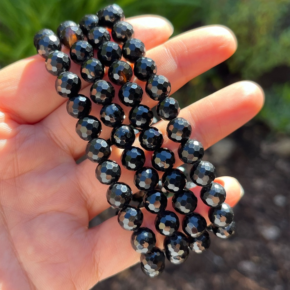 8mm stretchable faceted black obsidian bracelet 0272 - Picture 6 of 8